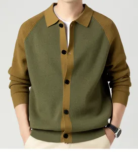Homme automne hiver pull cardigan en tricot col polo bloc de couleurs avec boutons.