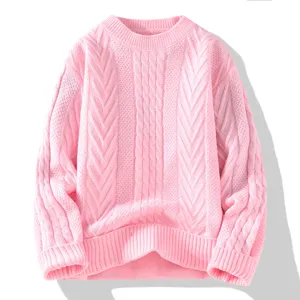 Maglione rosa a trecce per donna uomo largo casual manica lunga top invernale