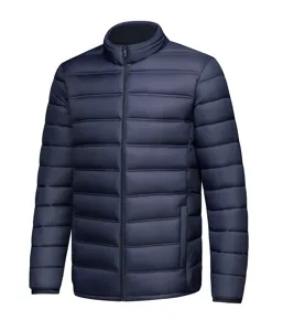 Hombre invierno casual chaqueta acolchada detalle, azul marino cuello alzado abrigo.