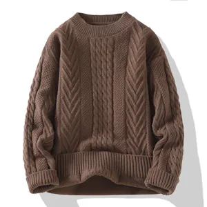 Classico maglione marrone a trecce per uomo e donna, pullover comodo e oversize casual.