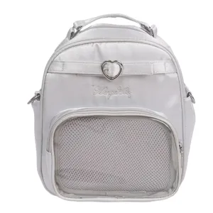 Harajuku silver mini backpack with heart buckle, clear mesh front pocket, stylish daily casual bag.