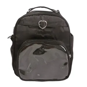 Black crossbody backpack detail showing clear front window, heart buckle and cute embroidery.