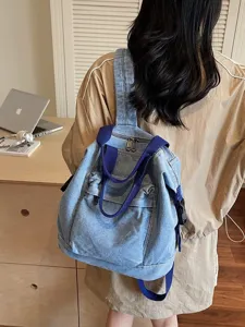 Women Washed Denim Backpack Large Capacity Fashion Ins Style Simple School Bag For Students Daily Casual Travel Backpack
