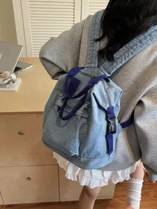 Washed denim backpack for women stylish casual minimalist large capacity school bag