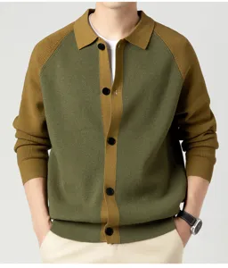 Cardigan pull en tricot à col polo colorblock pour homme avec boutons pour automne hiver mode.