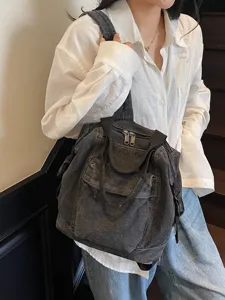 Casual washed denim women backpack, large capacity minimalist student school double shoulder bag.