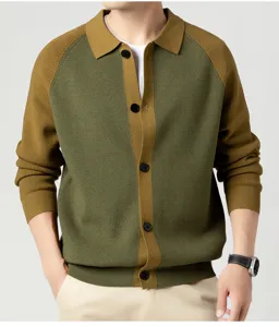 Cardigan en tricot col polo pour homme, colorblock avec boutons et manches longues tendance.