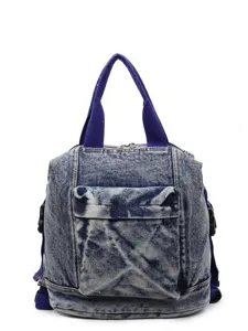 Stylish acid wash denim backpack for women, large capacity casual school bookbag with top handles.