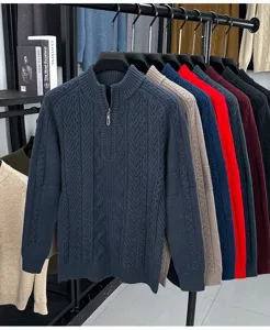 Pull col montant zippé en maille torsadée pour homme, chaud et épais pour l'hiver.