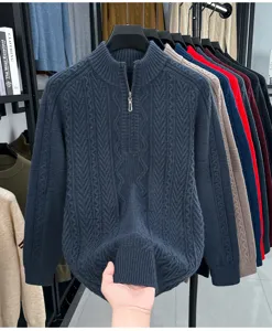 Détail pull en maille torsadée homme demi-zip, pull chaud hiver épais avec fermeture éclair.