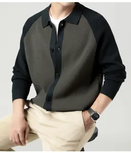 Gilet cardigan en tricot col polo homme automne hiver colorblock manches longues.
