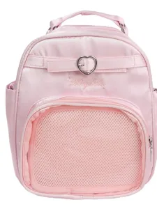 Pink satin mini backpack with heart buckle and front mesh pocket, cute Harajuku style daily bag.