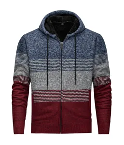 Men winter fleece lined color block knit hooded cardigan sweater closeup detail view