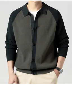 Détail du cardigan en tricot pour homme à col polo, couleur contrastée élégante et boutons.