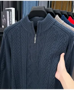 Pull col montant zippé en maille torsadée bleu foncé pour homme, hiver chaud et épais.