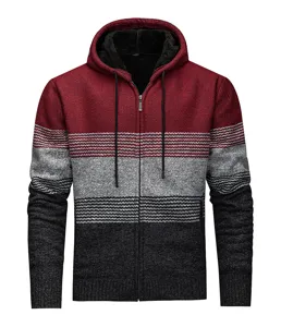 Men's fleece lined zip up knitted hooded cardigan sweater with color block design for winter.