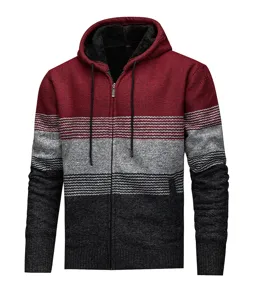 Men's fleece lined color block knit zip up hoodie winter thick warm casual sweater