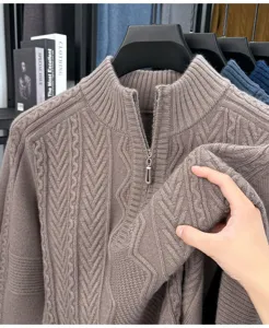 Pull homme demi-zip en maille torsadée, chandail chaud d'hiver épais avec col montant et texture.