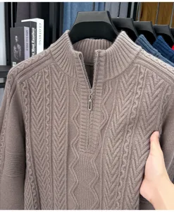 Pull col montant zippé homme en maille torsadée hiver chaud epais chandail casual
