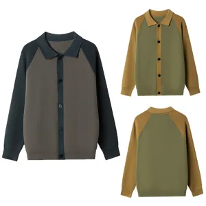 Cardigan Tricoté à Col Polo Bloc de Couleur Décontracté pour Hommes Bouton Revers Manches Longues Mode Vêtements en Tricot Vêtement d'Extérieur