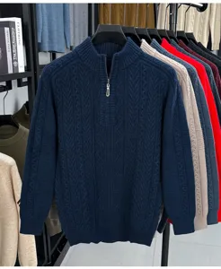 Pull homme col montant zippé en maille torsadée, chaud épais automne hiver décontracté top.