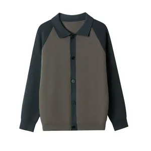 Cardigan en tricot col polo homme pull bloc de couleur boutons manches longues mode.