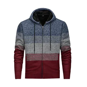 Men's fleece lined colorblock knitted zip up hoodie thick winter thermal sweater jacket