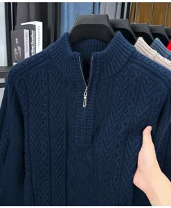 Pull col montant zippé pour homme en tricot torsadé hiver épais chaud mode décontracté