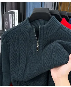 Pull en tricot à torsades demi-zip pour homme automne hiver épais chaud casual vert foncé
