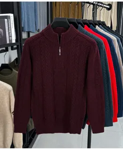 Pull en tricot torsadé demi-zip pour homme, pull d'hiver chaud et épais avec col montant.