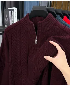 Pull Homme Col Montant Fermeture Éclair Grosses Torsades Chaud Hiver Épais Bordeaux