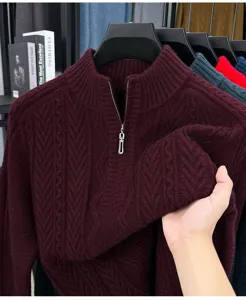 Pull col montant zippé homme en maille torsadée, pull chaud d'hiver épais bordeaux.