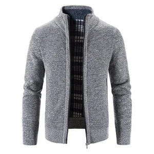 Gilet cardigan en tricot pour homme col montant fermeture éclair et doublure carreaux