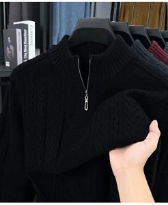 Pull homme col montant zippé torsades hiver chaud epais decontracté vetement élégant