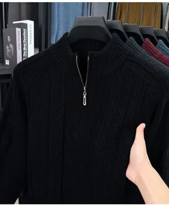 Pull homme col montant demi-zip casual gros tricot torsadé noir automne hiver