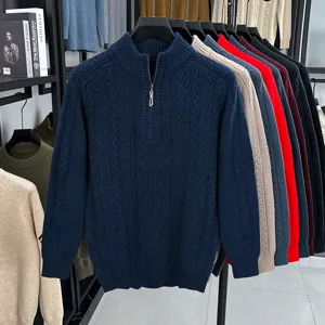 Pull en tricot torsadé demi-zips pour hommes, pull chaud d'hiver épais col cheminée.