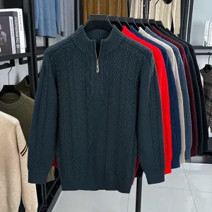 Pull-over homme col montant demi-zip grosse maille torsadée chaud hiver casual chic.