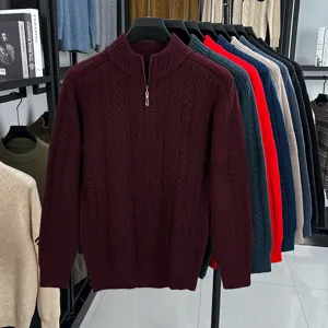 Pull homme col montant zippé grosse maille torsadée chaud hiver décontracté bordeaux
