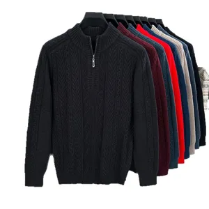 Pull Homme Col Montant Zippé Maille Câblée Chaud Épais Casual Hiver Pull-over Mode