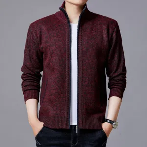 Cardigan zippé en tricot col montant pour homme hiver automne vue détaillée élégante.