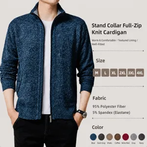 Cardigan Décontracté pour Hommes Col Montant Doublé Polaire Thermique Couleur Unie Vêtements en Tricot Veste Zippée Manches Longues Hiver