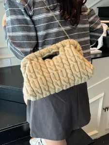 Dames Vintage Pluche Geruit Vierkante Schoudertas Mode Breien Ketting Crossbody Tas Elegant Clipsluiting Banket Pendelen Messenger Handtas