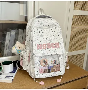 Sac a dos scolaire de grande capacite style campus elegante motif etoiles blanc