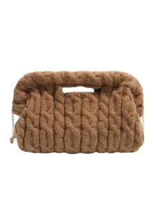 Stijlvolle bruine pluche gebreide clutch tas retro frame schoudertas voor dames dagelijks.
