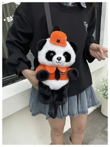 Suesseer Pluesch Cartoon Panda Rucksack Kinder Farblockierung weiche Schultasche Alltag Mode