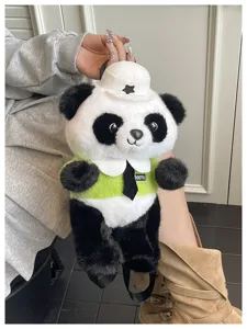 Süßer Panda Plüsch Rucksack für Kinder, schwarz-weiße Kuscheltier Tasche mit Polizeihut.