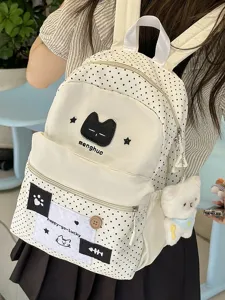 Mochila de lona con lunares estilo japonés lindo para estudiante, bolso escolar grande casual.