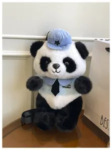 Süßer Panda Plüsch Rucksack für Kinder, Cartoon Tier Schultertasche im Polizei Uniform Stil.