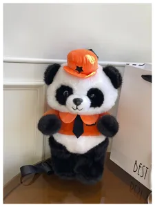 Süßer Cartoon Panda Plüsch Kinder Rucksack mit orangefarbenem Hut und Krawatte, stylisch.