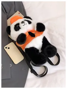 Süßer Cartoon Panda Plüsch Rucksack, orange Color-Blocking Design, modische Kindertasche.